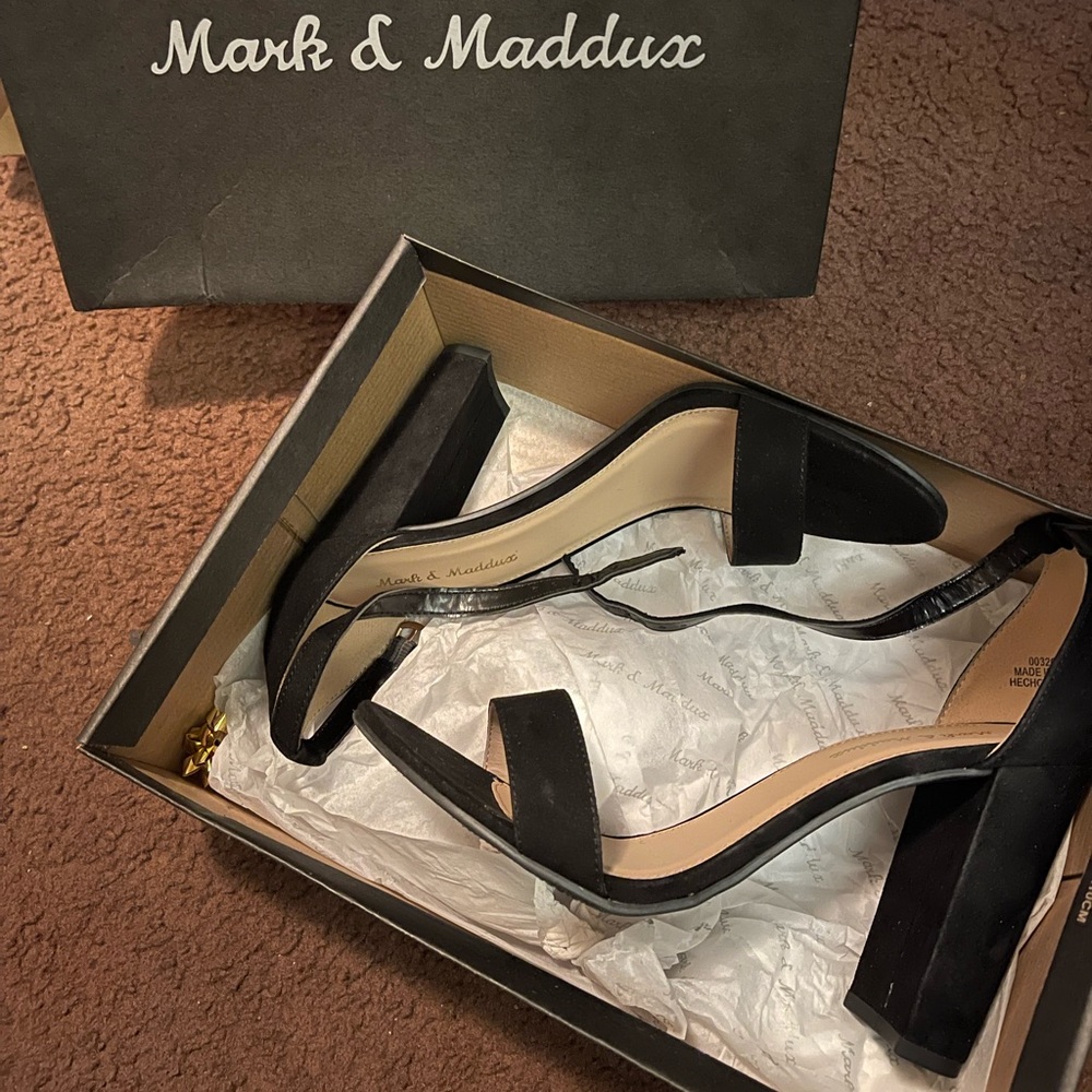 Brand New Blk, faux suede, block heel, ankle straps.